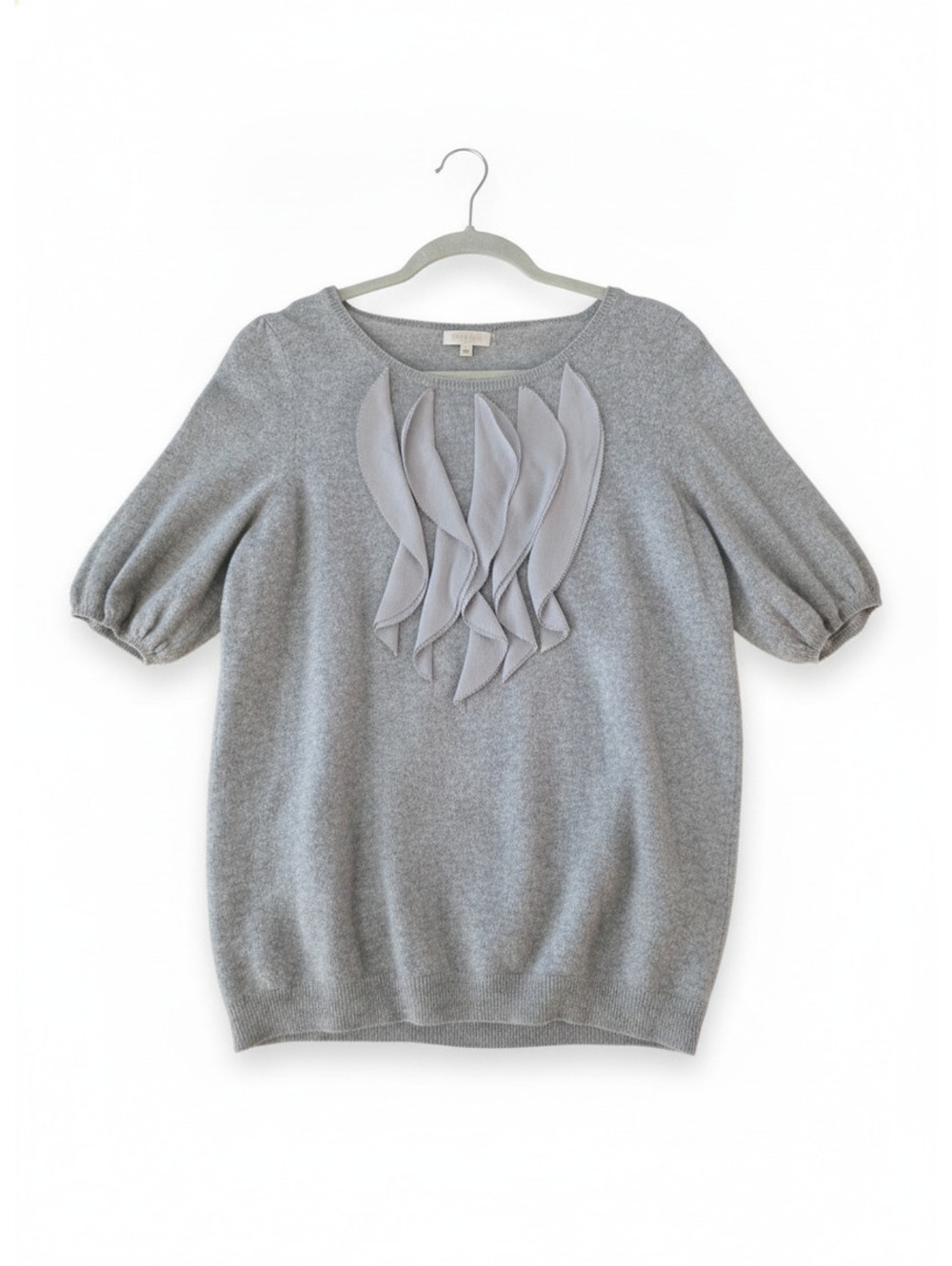 EUC Ann Taylor Gray Short Sleeve Ruffle Front Sweater Top